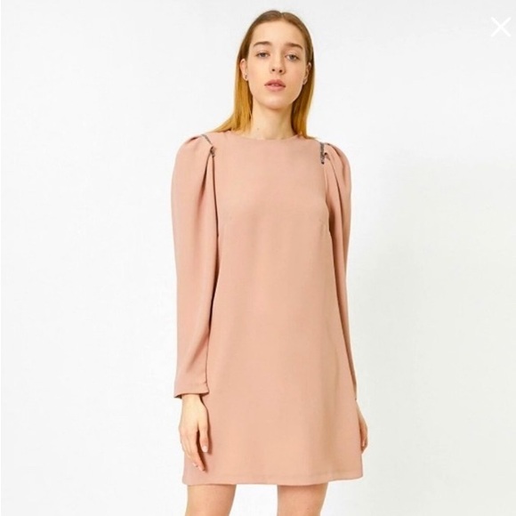 H&M blush pink puff sleeve jeweled shoulder long sleeve mini dress small - Picture 2 of 6